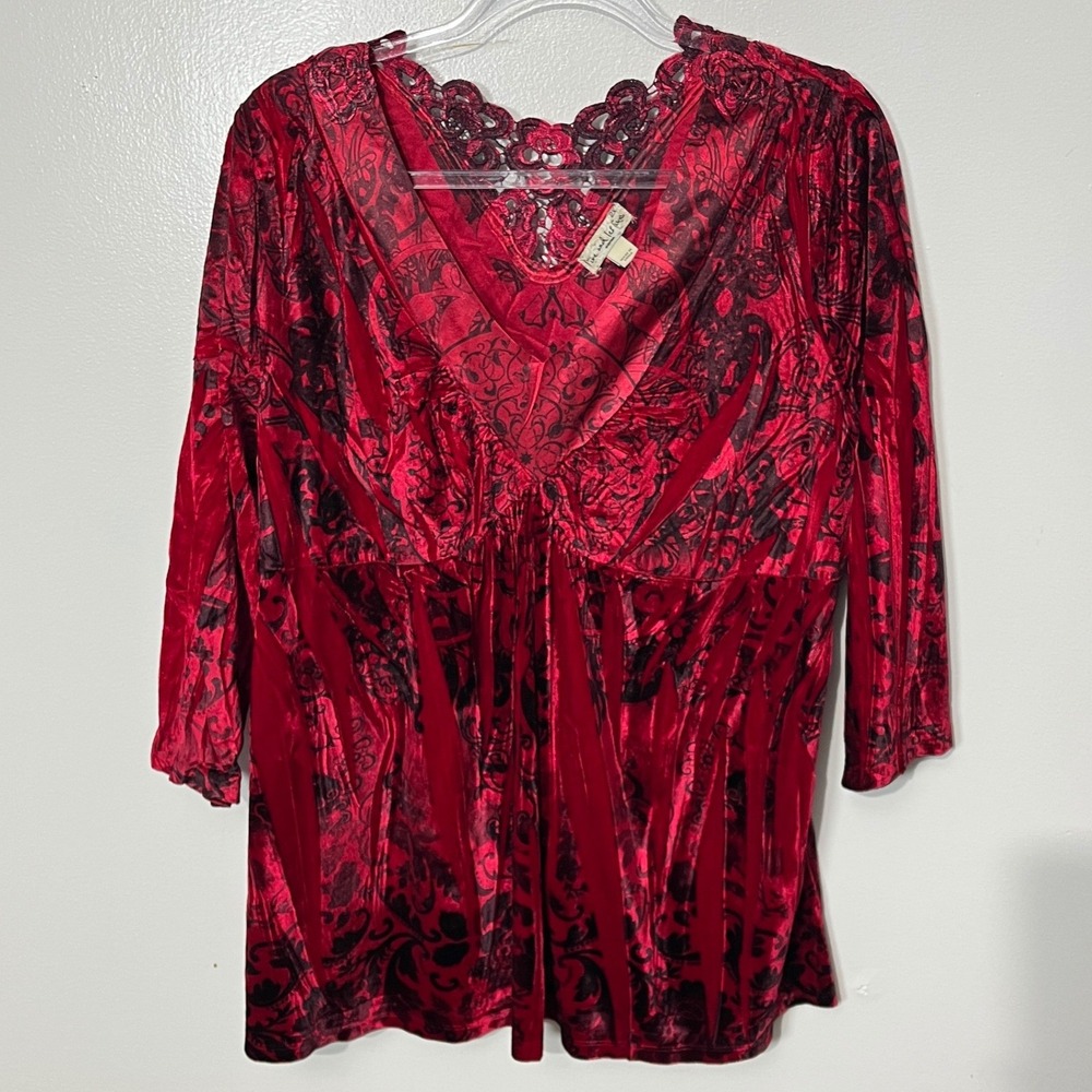 Live and Let Live Tunic Top Women 2X Red Black Velvet Lace BurnoutY2K Fairy